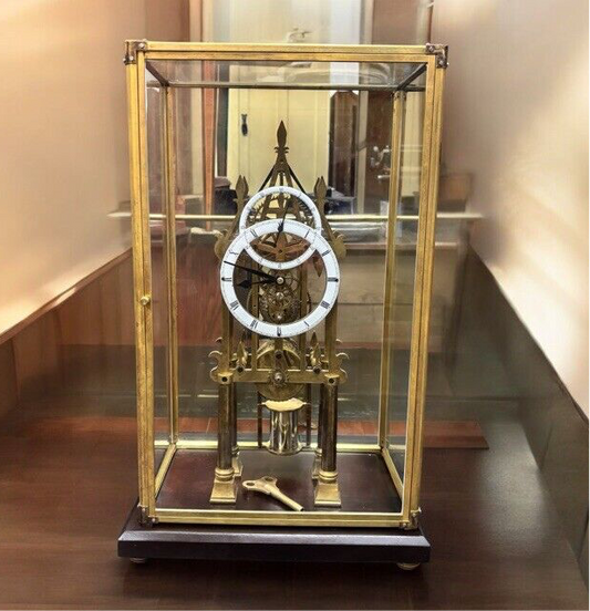 Large Chain Fusee Cathedral Skeleton Clock With Case And Key.