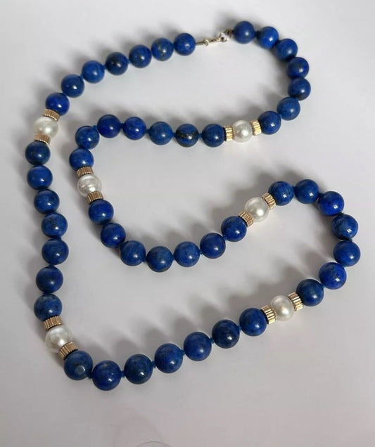 Vintage 9ct Gold Clasp Lapis Lazuli Pearl Beaded Necklace