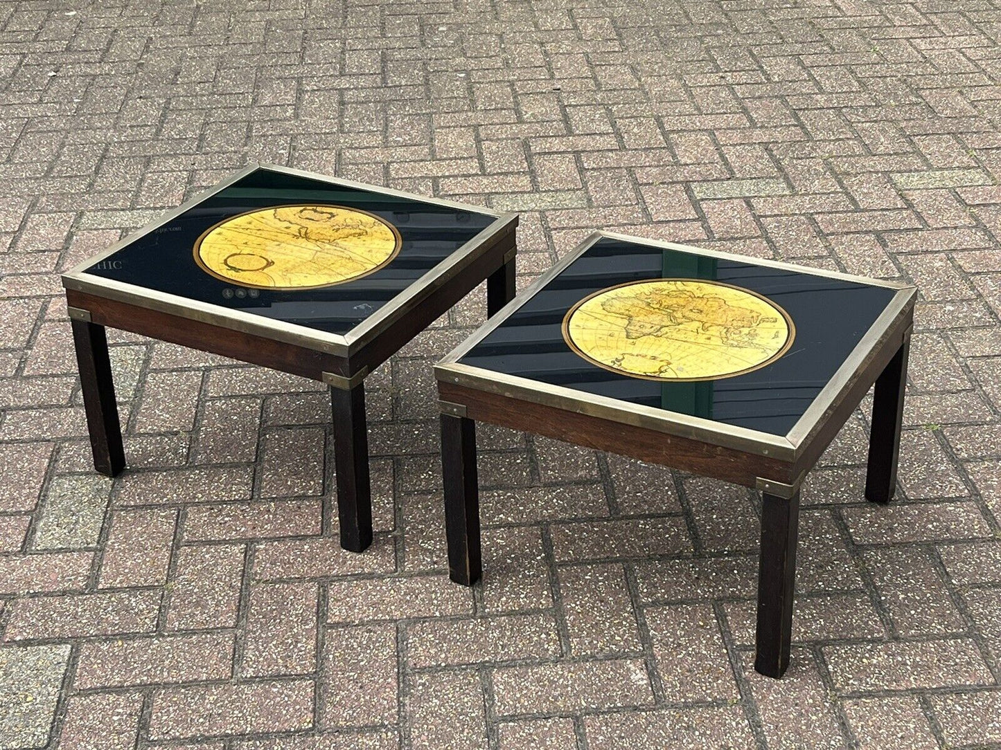 Pair Of Military Style Brass Bound Map Coffee Tables, Lamp Tables, Side Tables