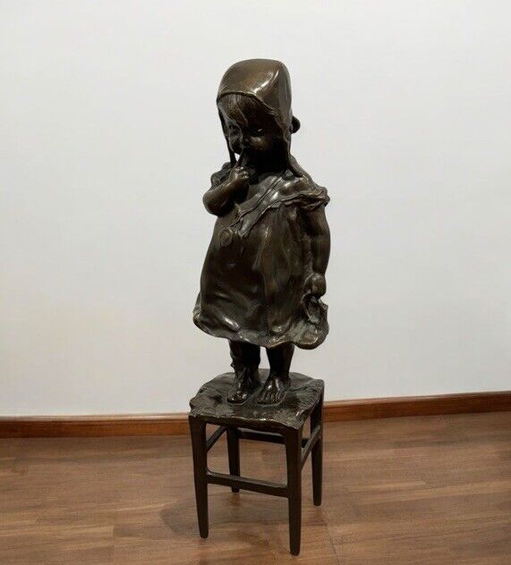 Bronze Girl Standing On A Chair, Signed To Base.