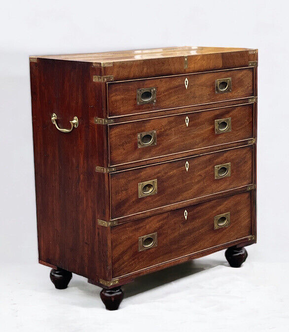 Campaign Chest Of Drawers. Brass Handles & Brass Bound.