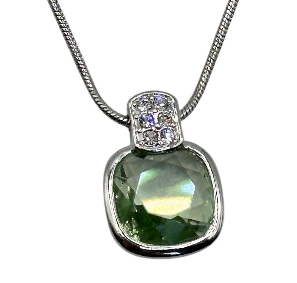 Statement Rhodium Plated Necklace Made With Green Clear Swarovski Crystals