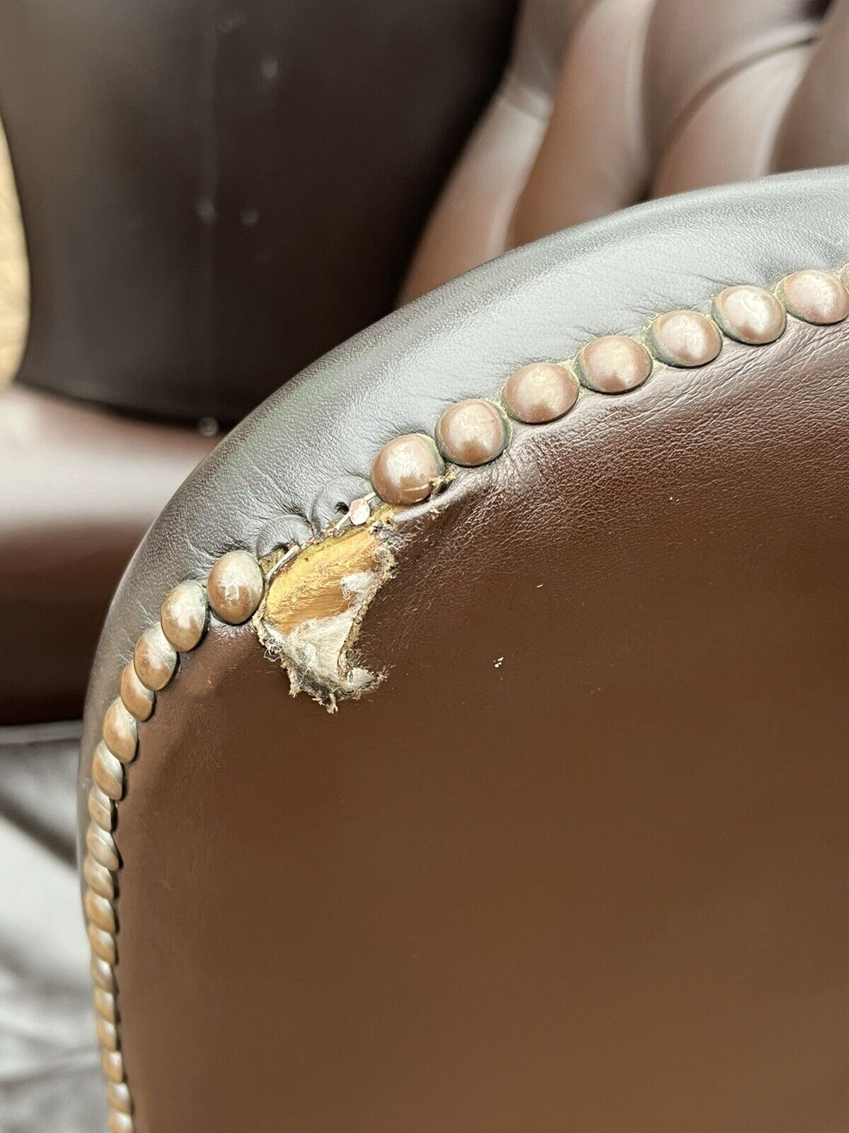 Pair Of Brown Leather Armchairs. Good Quality, Buttoned Backs.