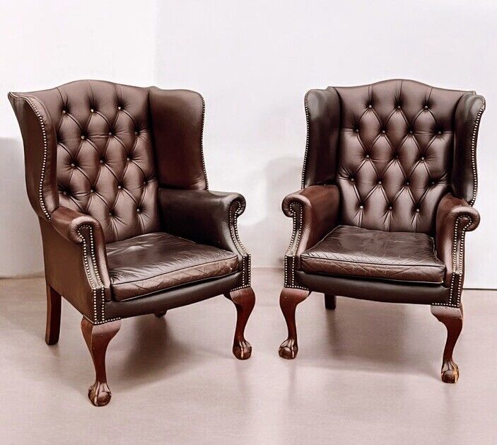 Pair Of Brown Leather Armchairs. Good Quality, Buttoned Backs.