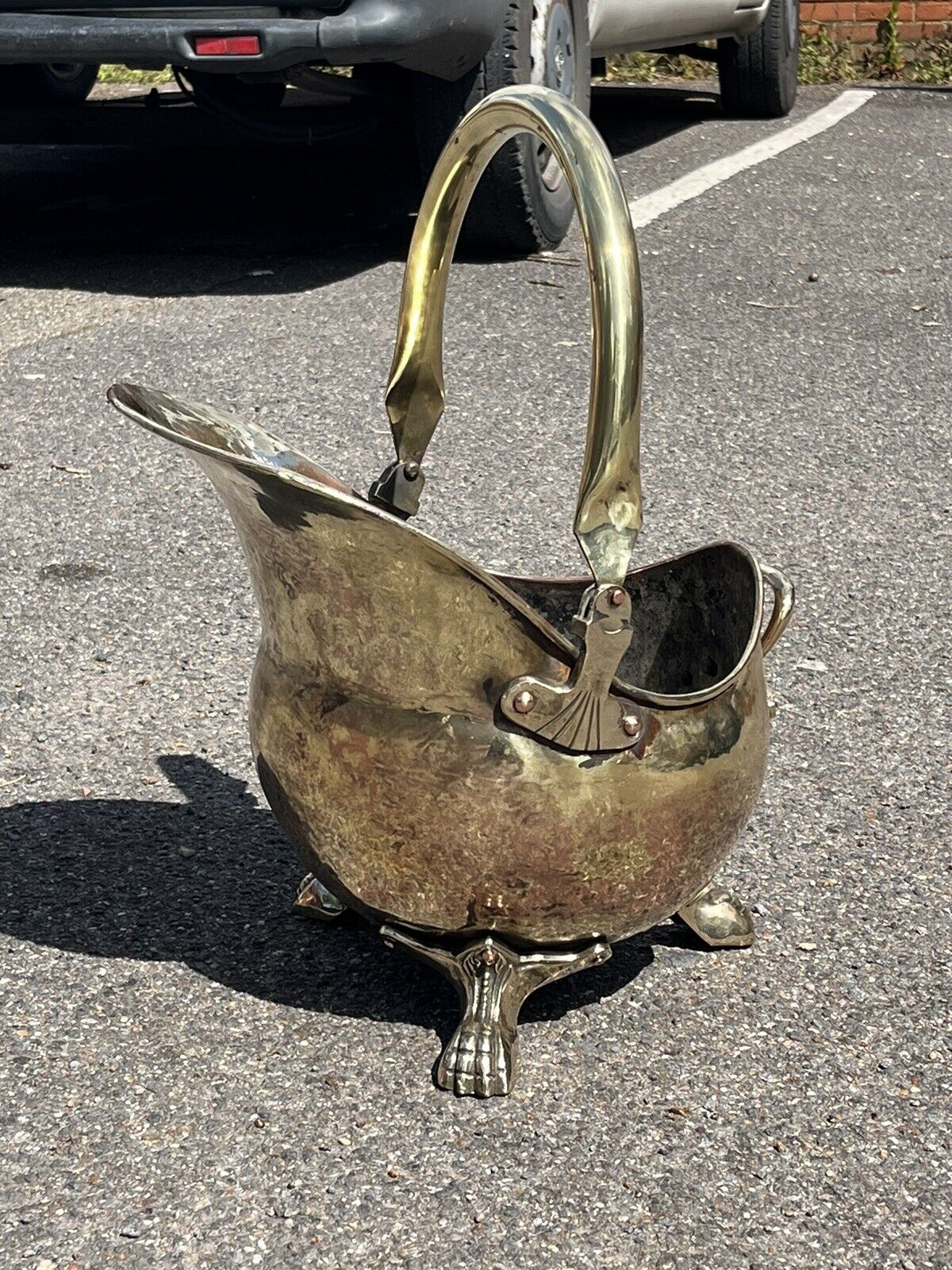 Brass & Copper Helmet Coal Bucket / Scuttle on Lions Paw Feet.