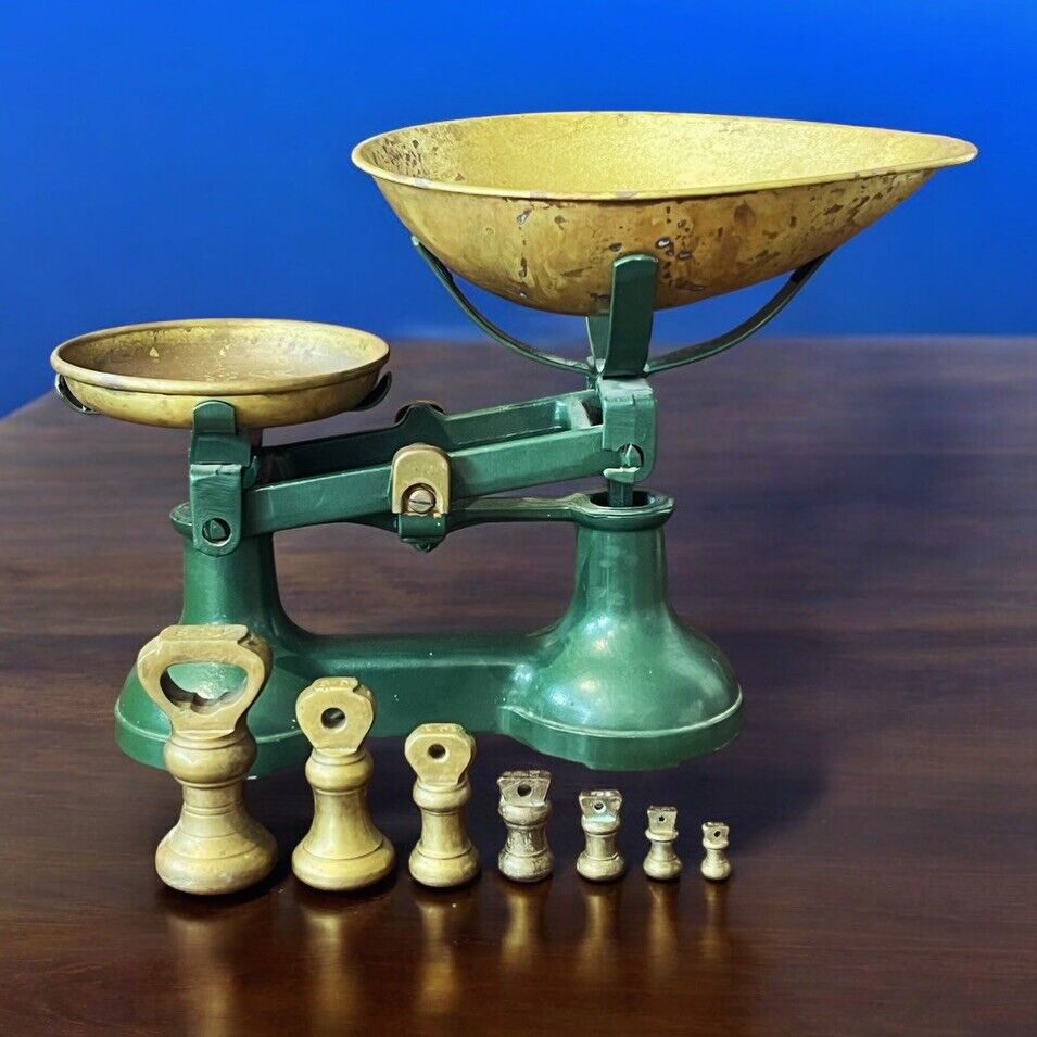 Old Scales With Set Of Brass Bell Weights