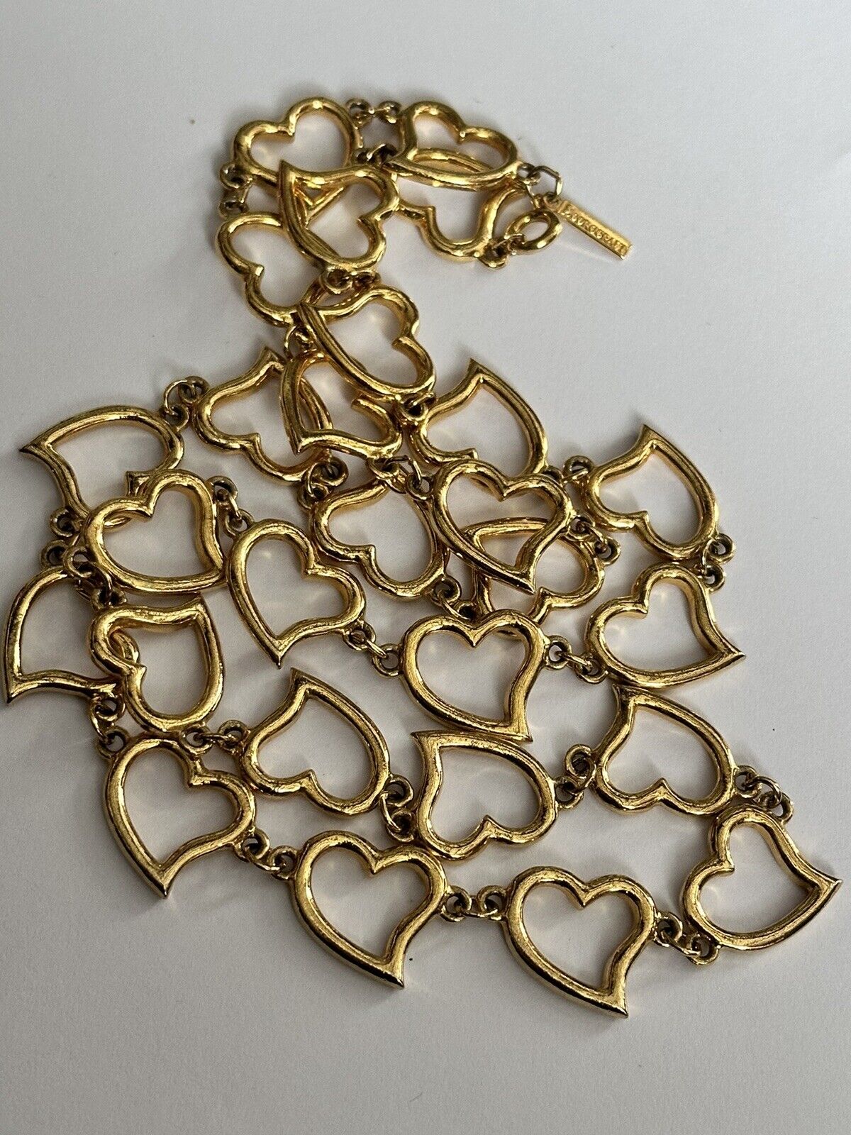 Vintage Signed Corocraft Gold Plated Hearts Long Length Necklace