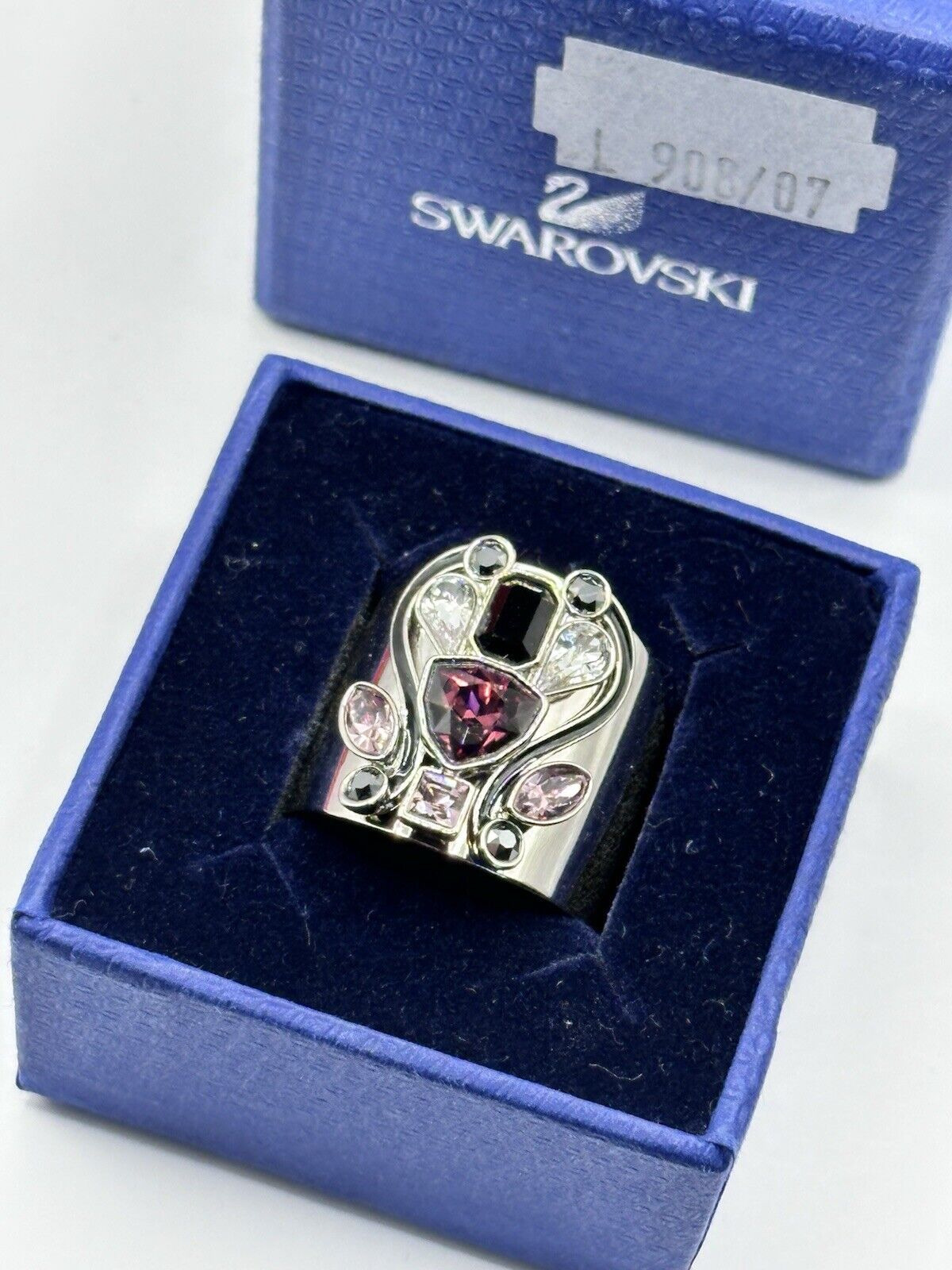 Vintage Swan Signed Swarovski Purple Black Stone Statement Ring Boxed