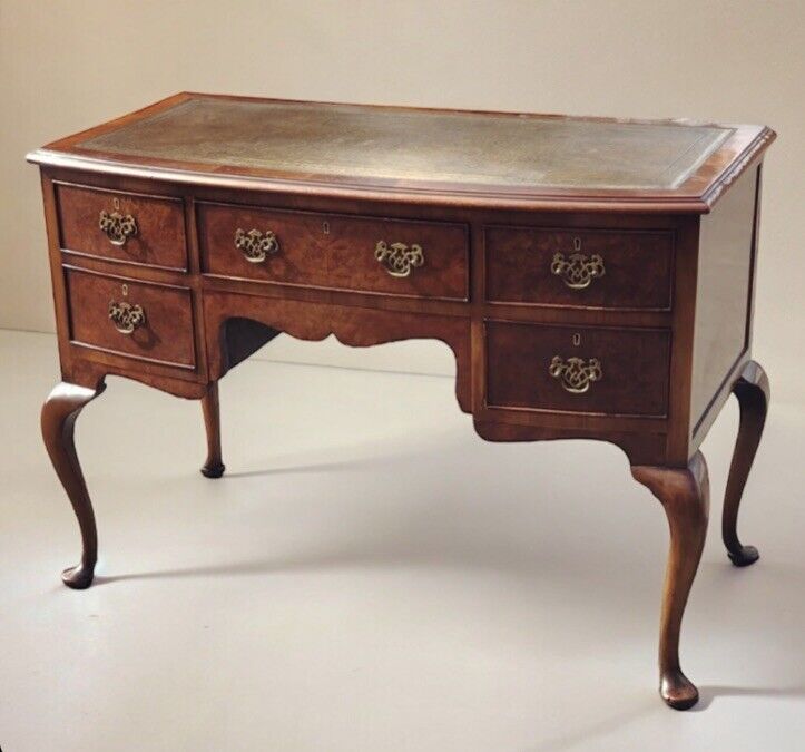 1930’s Walnut Desk, Leather Top, Brass Handles.