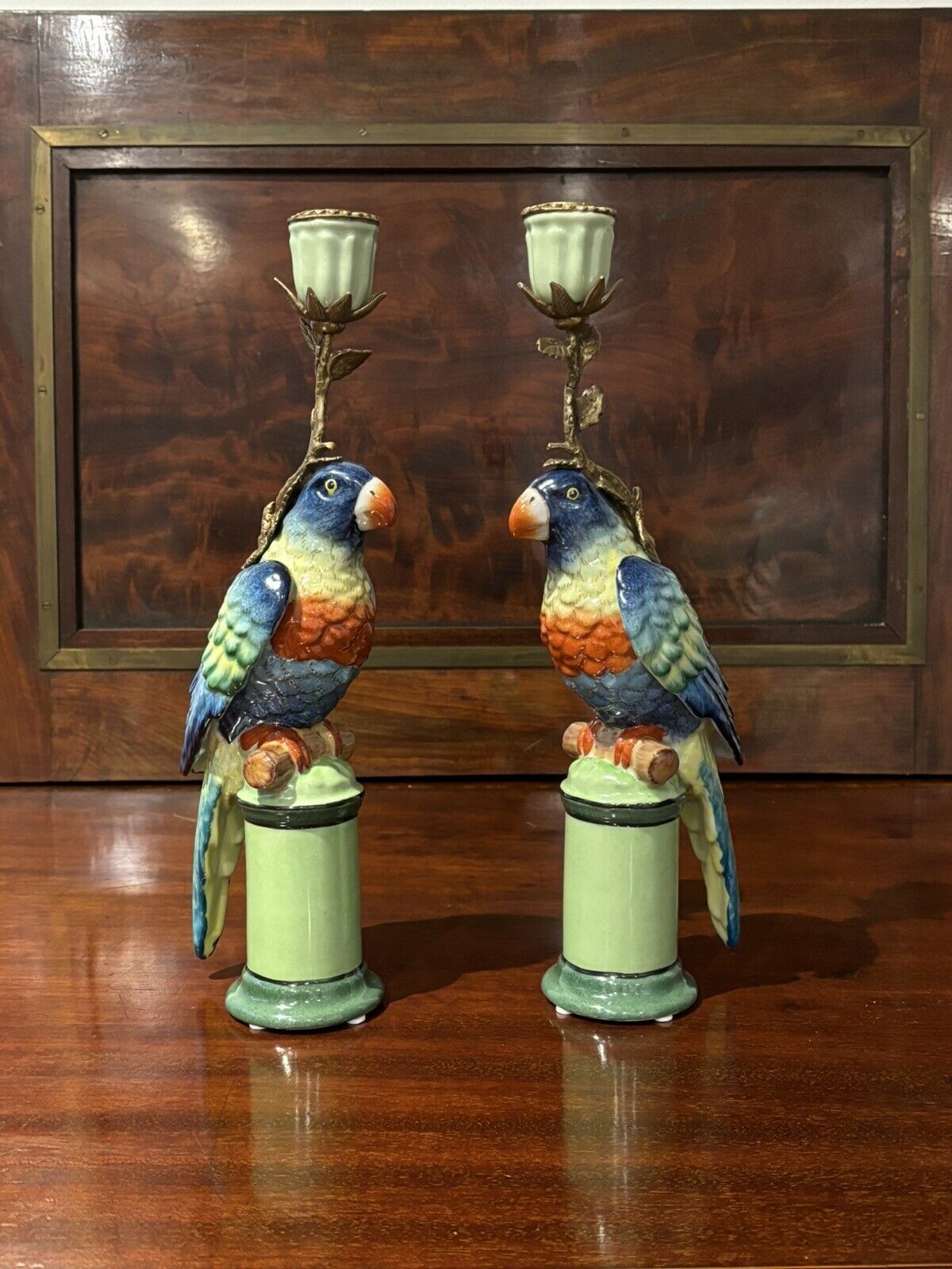 Parrot Candlesticks, Porcelain & Ormolu.