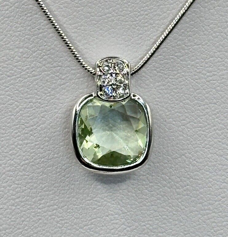 Statement Rhodium Plated Necklace Made With Green Clear Swarovski Crystals