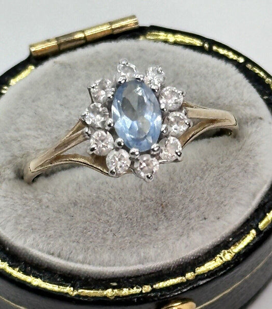 Vintage 9ct Gold Blue Clear Cubic Zirconia Halo Ring