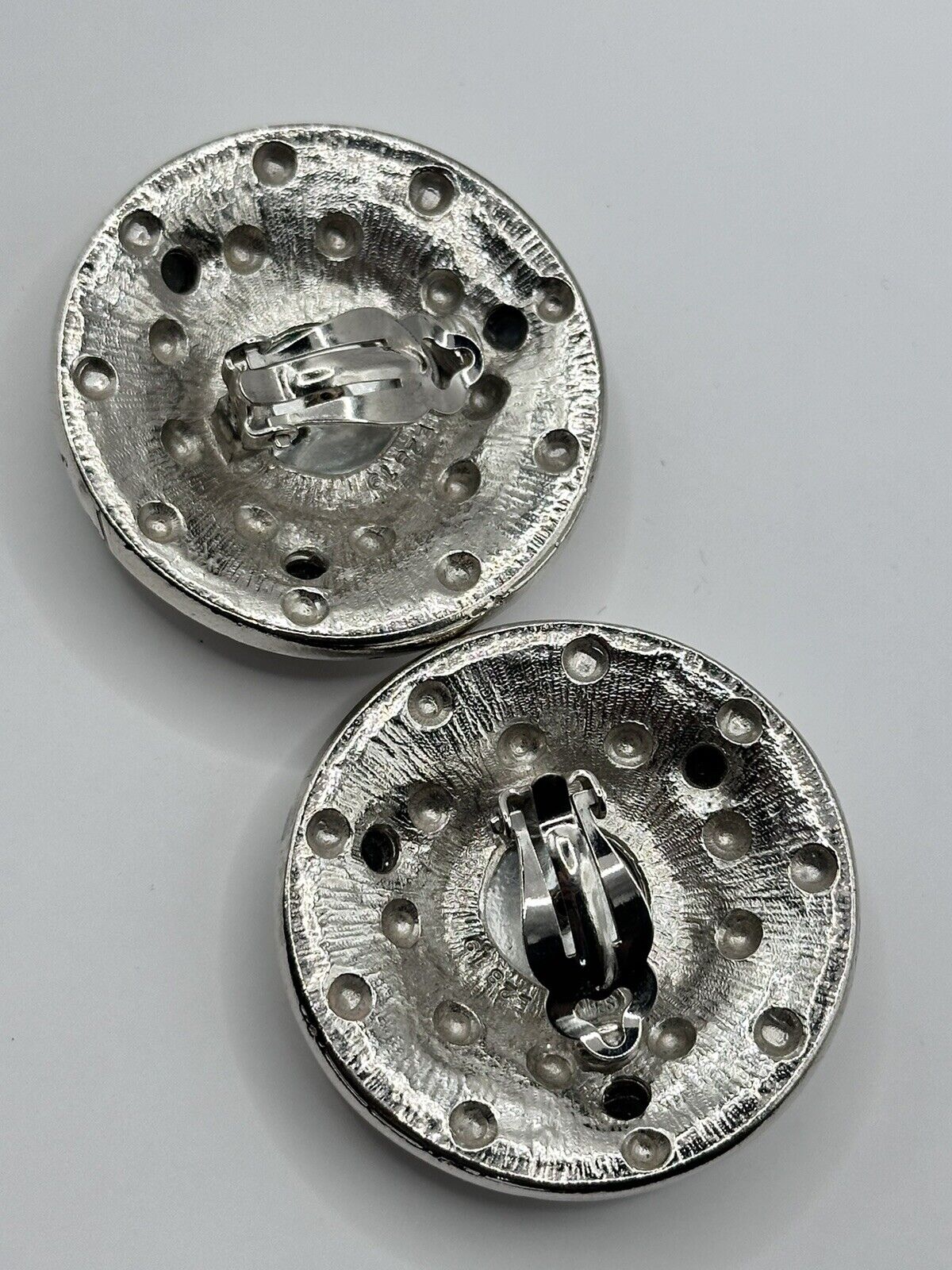 Vintage Silver Tone Etruscan Disk Clip On Earrings