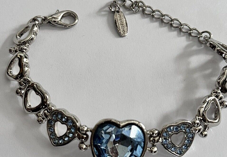 Vintage Silver Tone Blue Diamanté Heart Bracelet