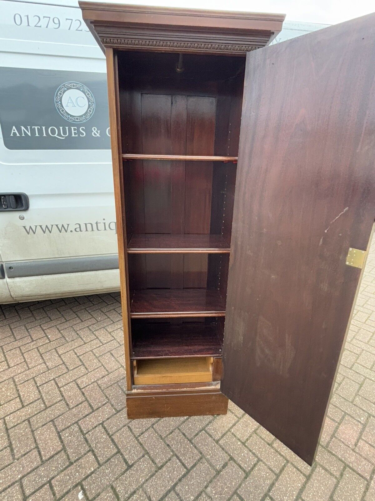 1920's Inlaid Mahogany Slim Storage Cupboards, Adjustable Shelves, Drawer, Key