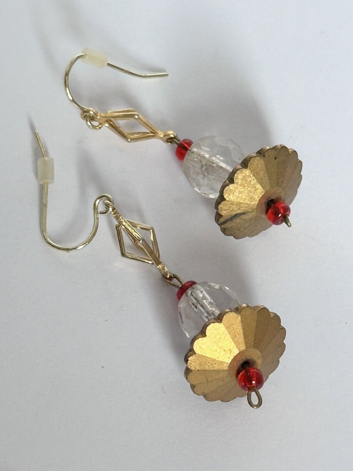 Vintage Gold Tone Crystal Red Beaded Drop Earrings