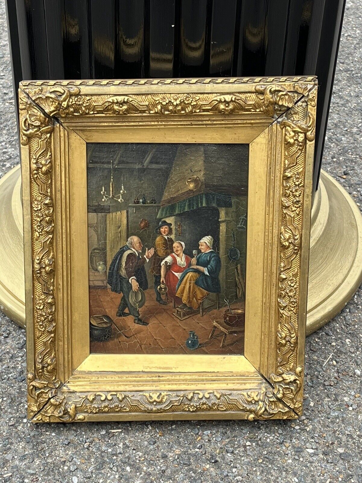 19th Century Tavern Or Inn Scene. Oil On Canvas In Gold Gilt Frame.