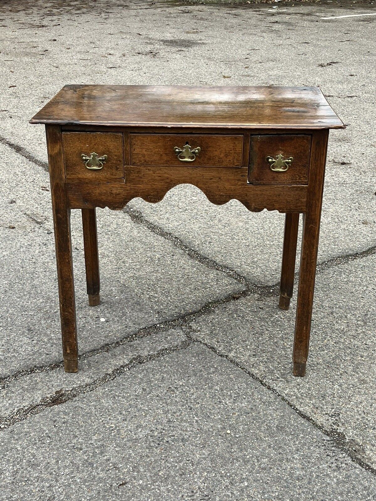 Early Georgian Oak Lowboy With Brass Handles. Make Great Hall Or Console Table