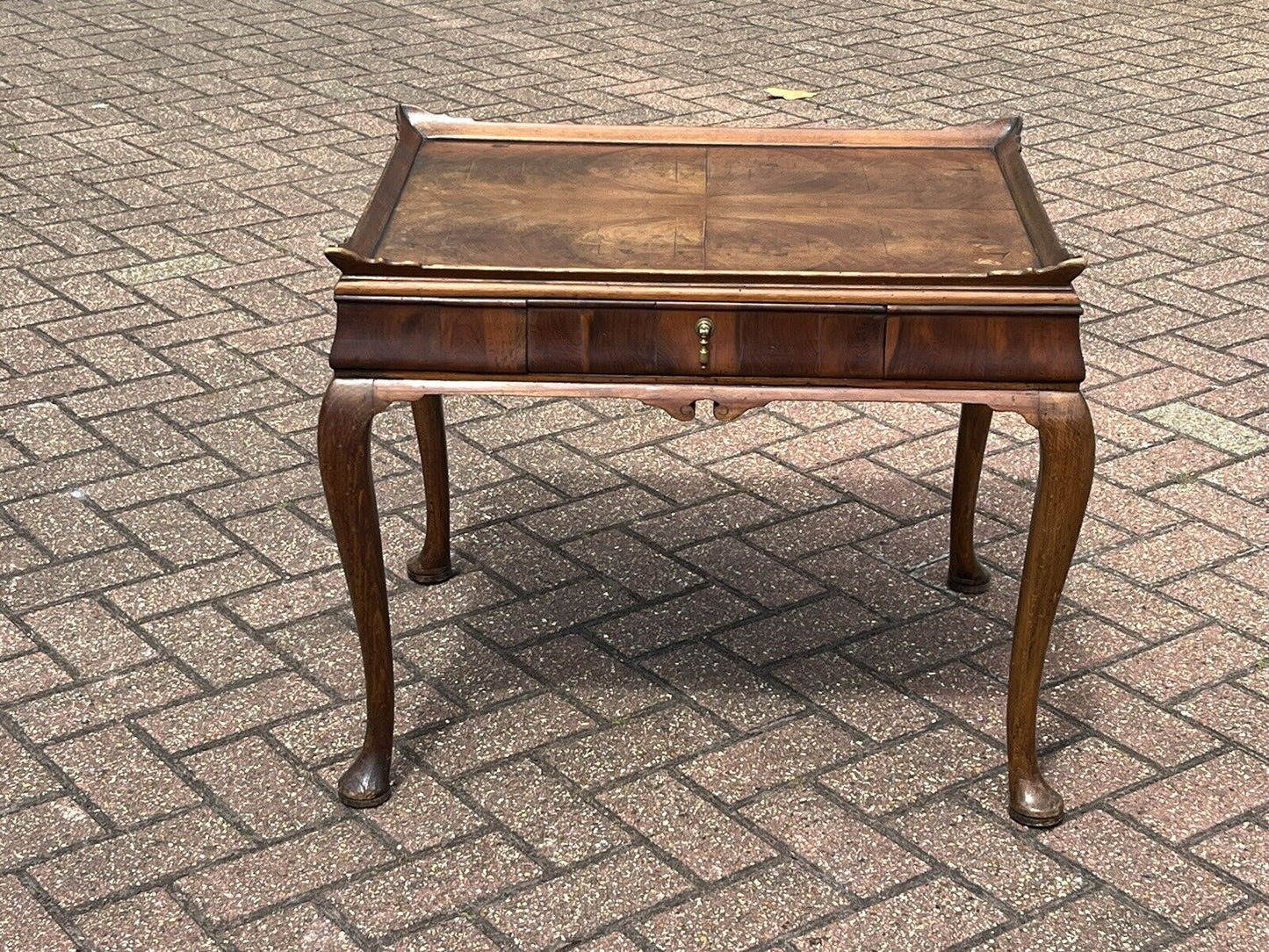 Antique Burr Walnut Tray Top Side Table With Drawer. Pad Feet, Brass Handle.