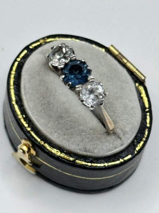 Vintage 9ct Gold And Silver Blue Clear Paste Trio Ring