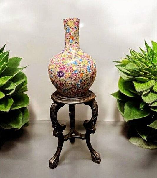 HUGE Chinese Vase, Millefiori Pattern. With Antique Wooden Stand