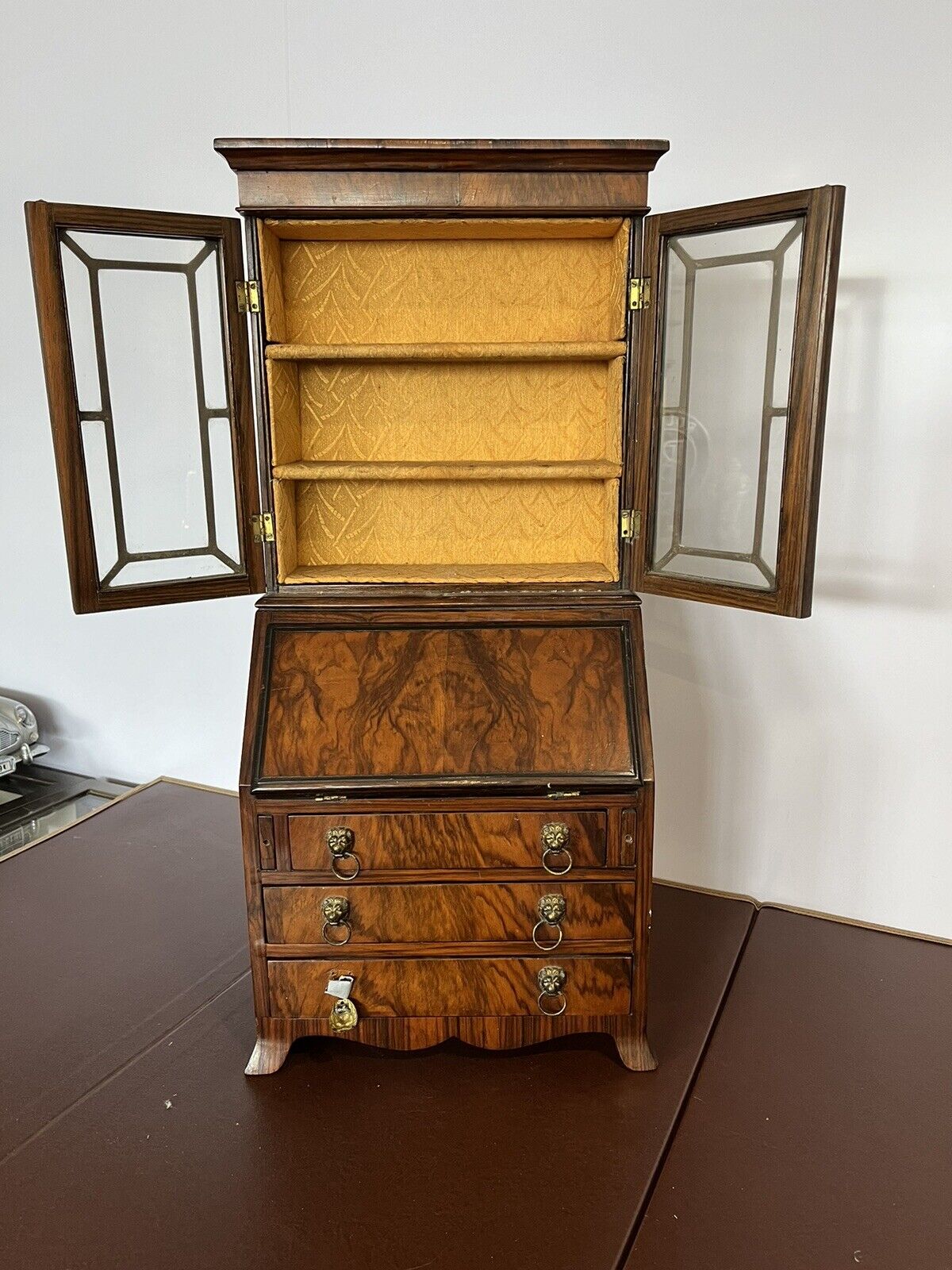 Miniature Apprentice Piece Walnut Bookcase Bureau, Fitted Interior.