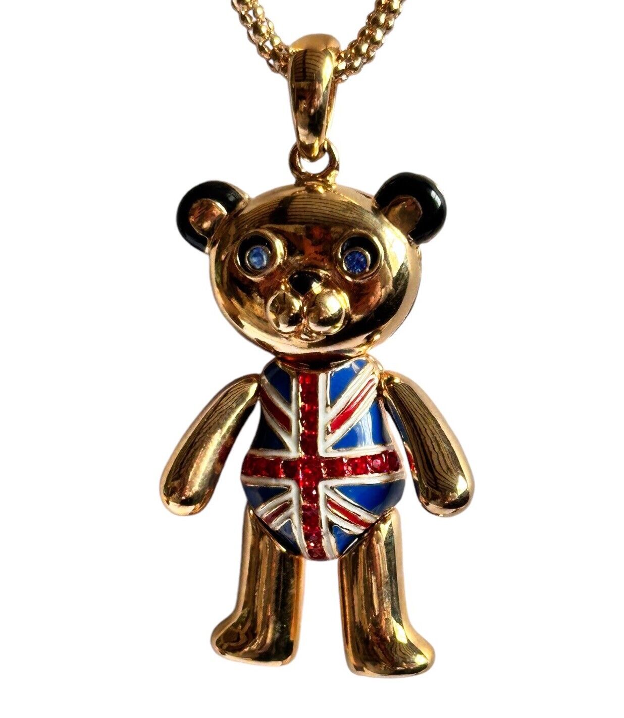 Vintage 1980s Gold Plated Moving Parts British Flag Teddy Pendant Necklace