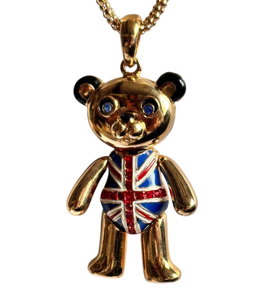 Vintage 1980s Gold Plated Moving Parts British Flag Teddy Pendant Necklace