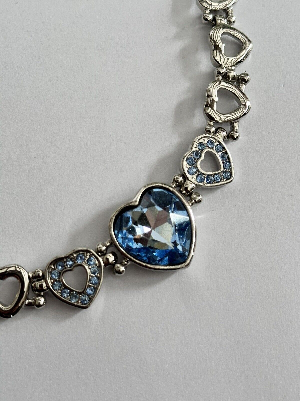 Vintage Silver Tone Blue Diamanté Heart Bracelet