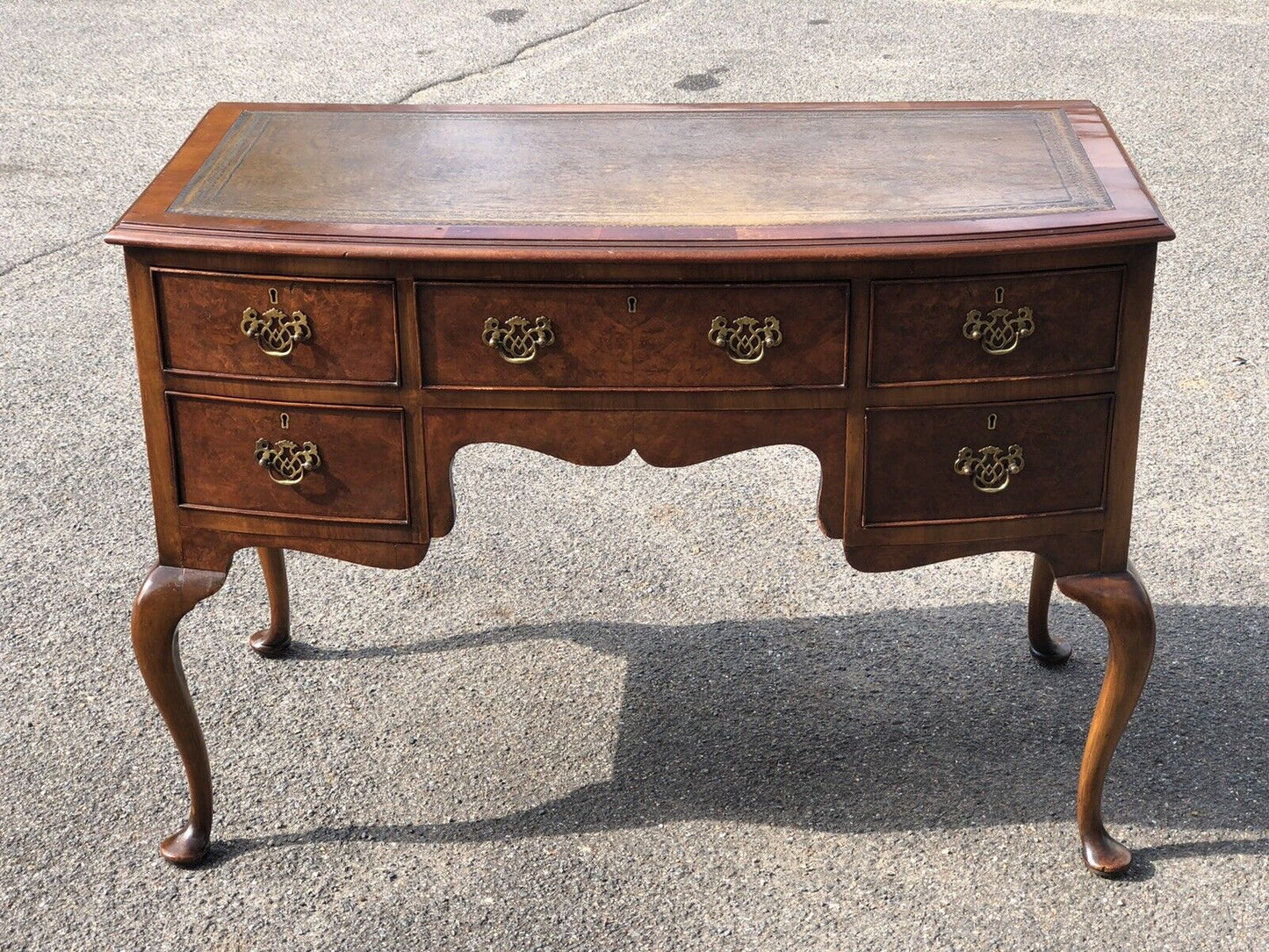 1930’s Walnut Desk, Leather Top, Brass Handles.