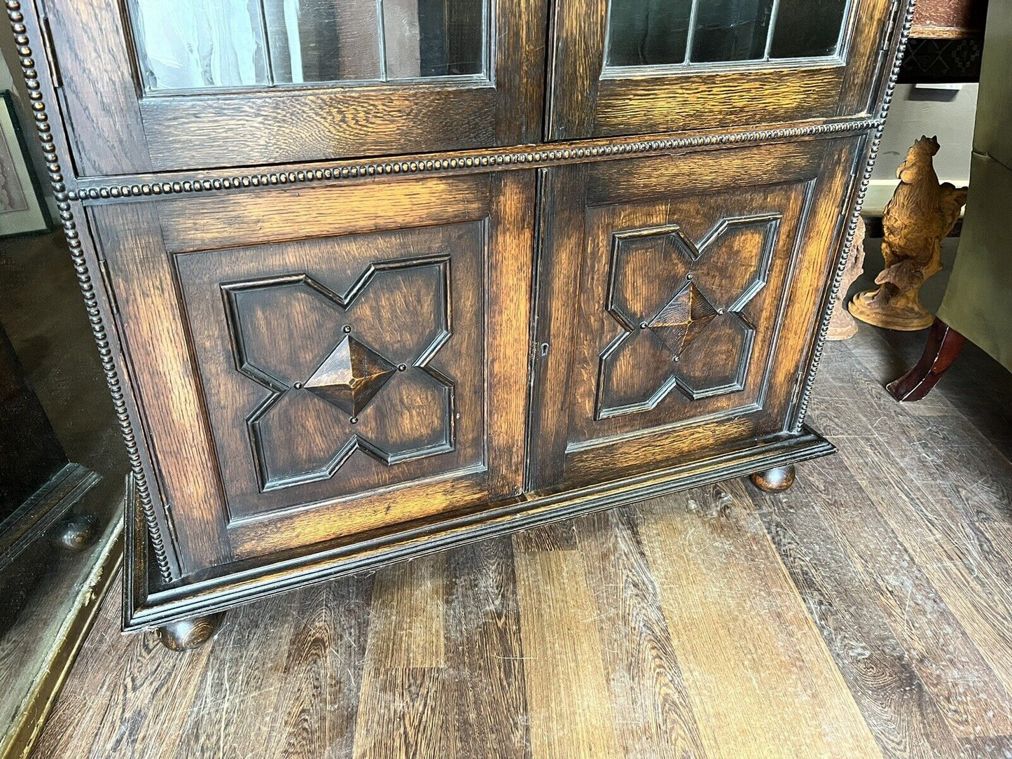 Edwardian Oak Bookcase , Adjustable Shelves, Lead light Glazing. Key & Locking.