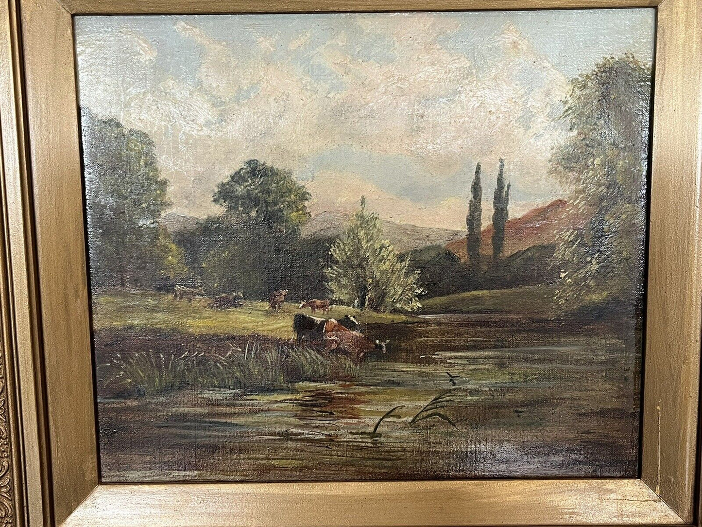 Antique oil Painting. Oil on board in gilt frame. Cattle Scene