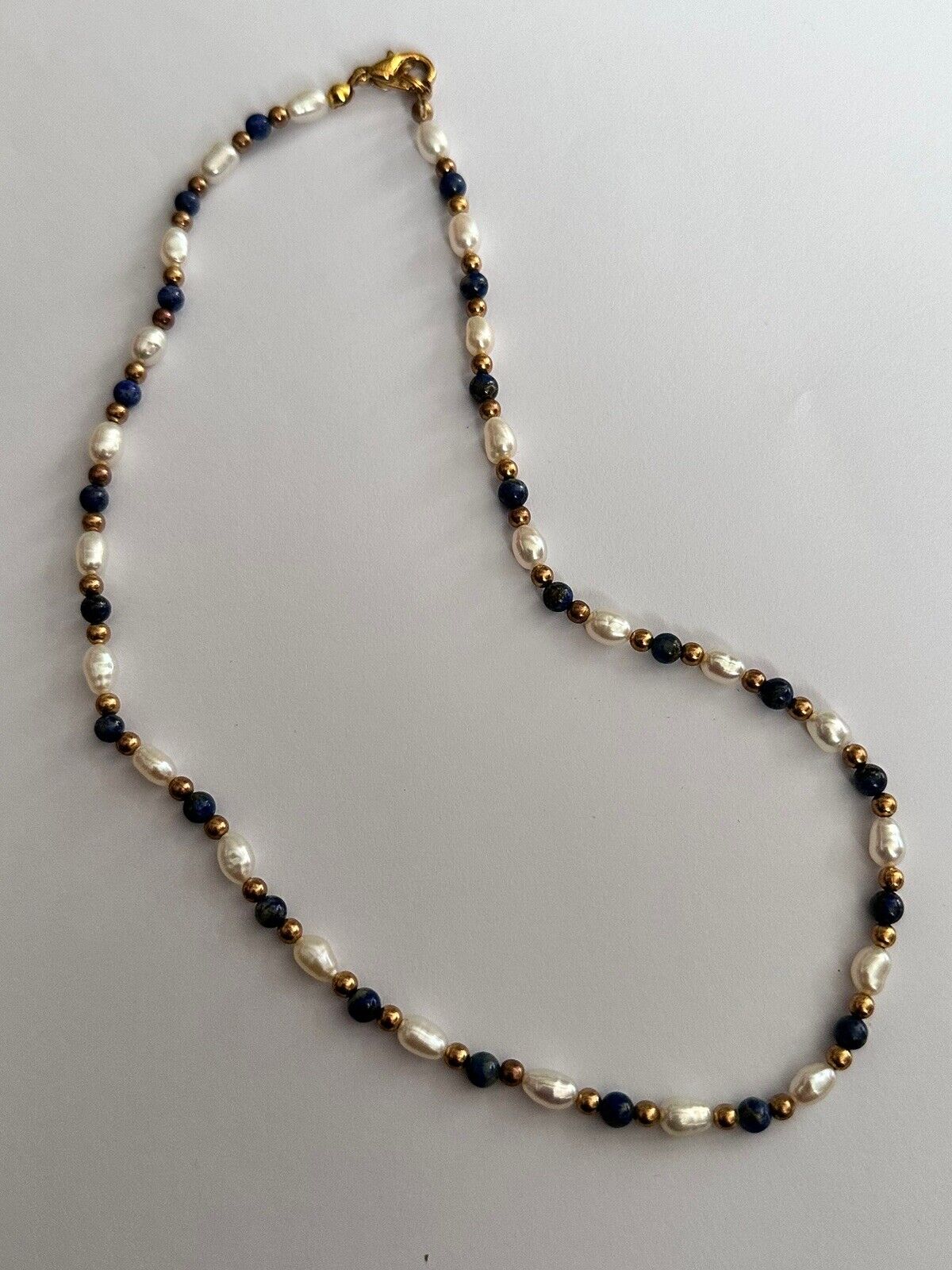 Vintage 1980s Gold Plated Pearl Lapis Lazuli Beaded Necklace