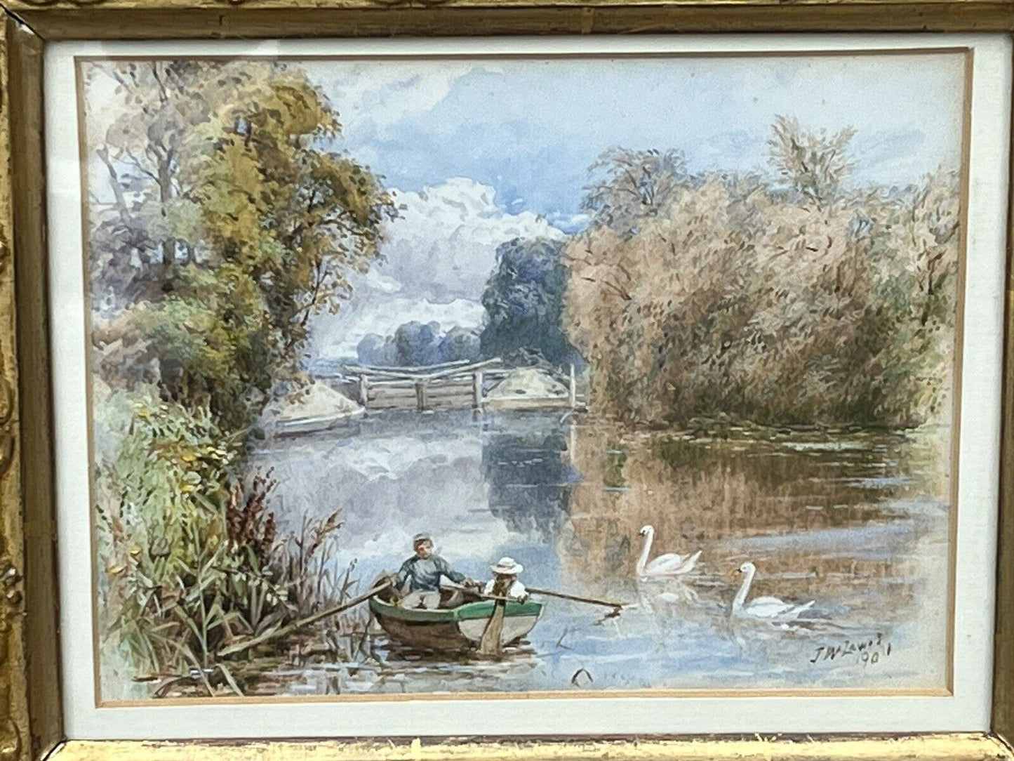 Victorian English School Gilt Framed Watercolour By J W Lewis 1901 “Boating”