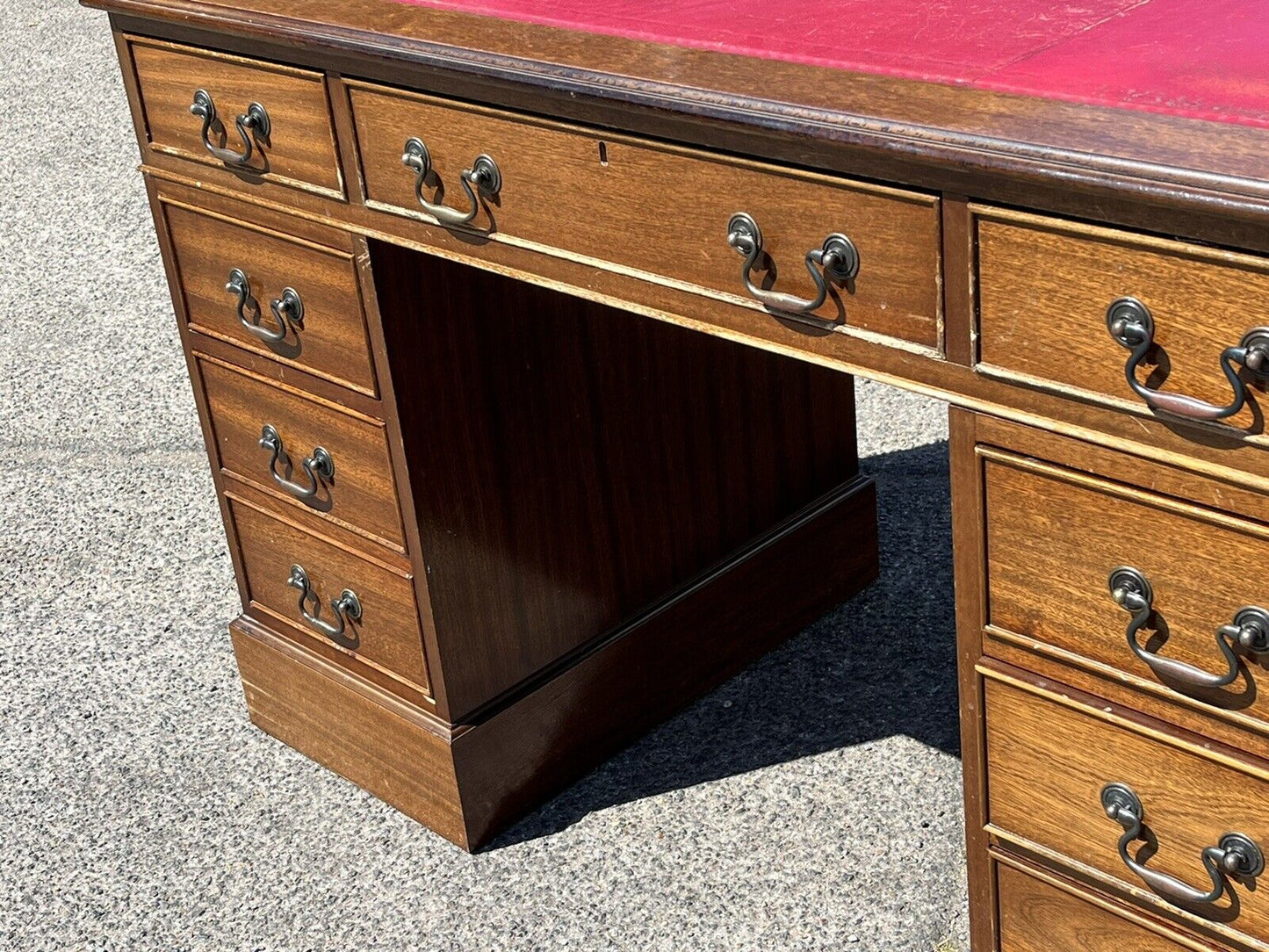 Pedestal Desk With Red Leather Top. Splits In 3 Pieces For Easier Transportation