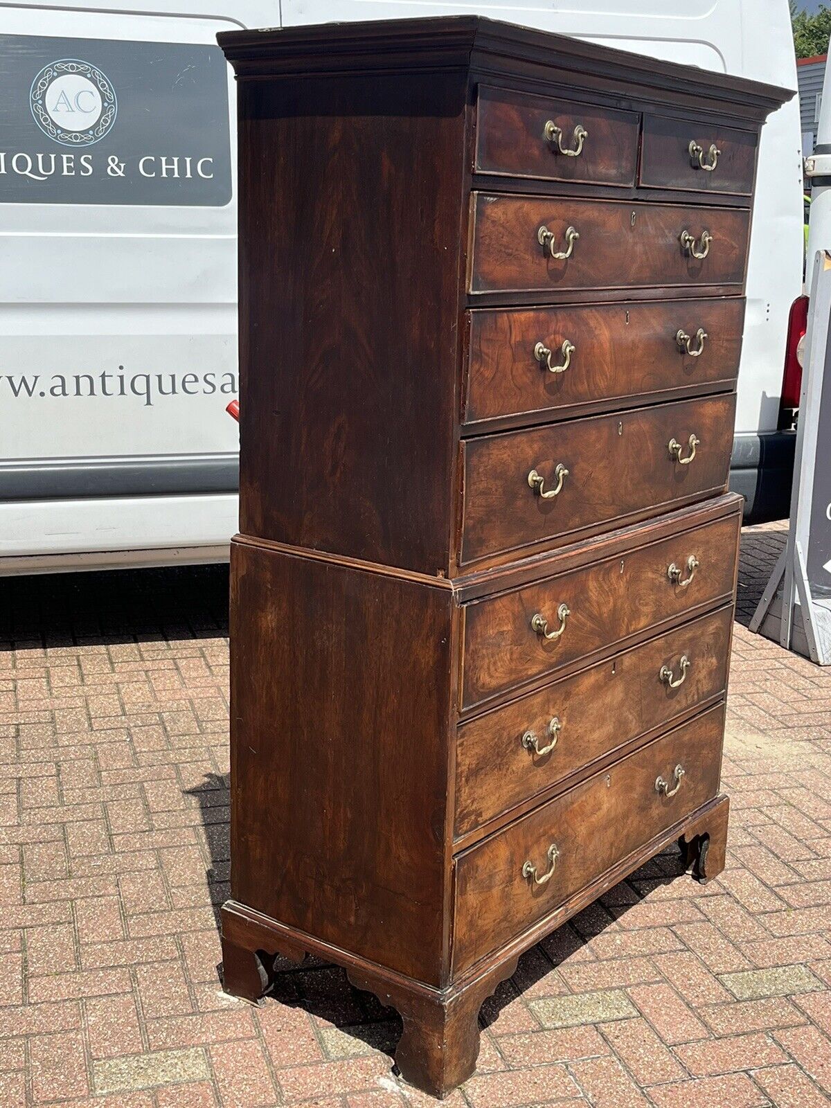 Georgian Mahogany Chest On Chest. Original Brass Handles, Bracket Feet.