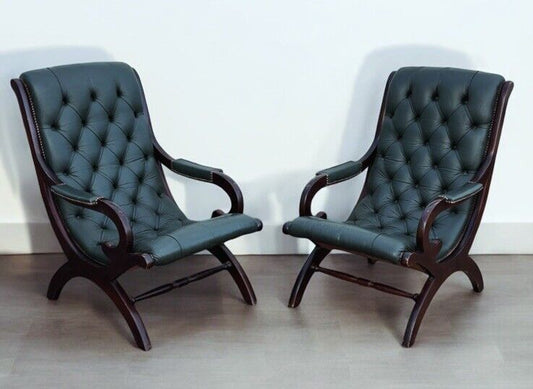 Pair Of Green Leather Buttoned Back Armchairs. Slipper Chairs/ Reading Chairs