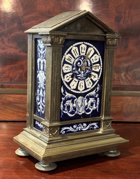 French Architectural Antique Brass Clock With Painted Panels, Chines On A Bell