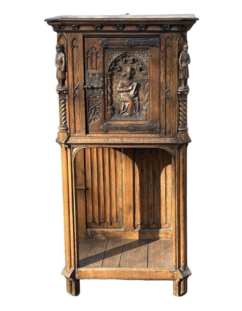 Drinks Cabinet, In Oak With Fine Carved Figures Of Knights & A Maiden.