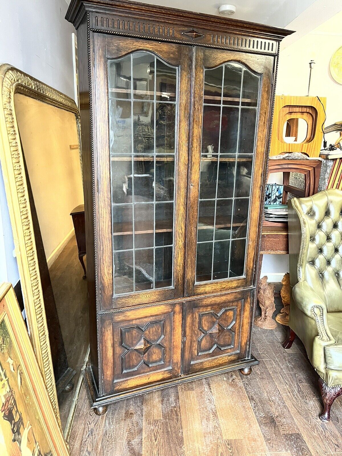 Edwardian Oak Bookcase , Adjustable Shelves, Lead light Glazing. Key & Locking.