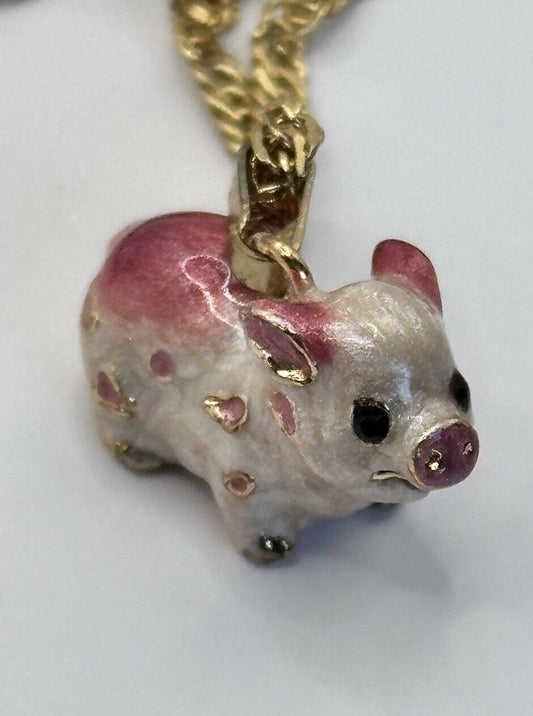 Viintage Gold Plated Enamel Pig Pendant Necklace