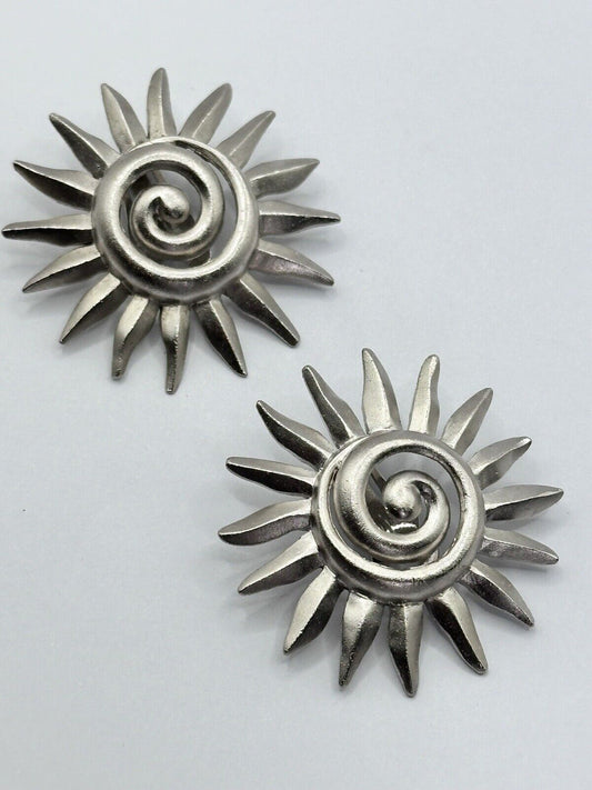 Vintage Silver Tone Sunburst Clip On Earrings