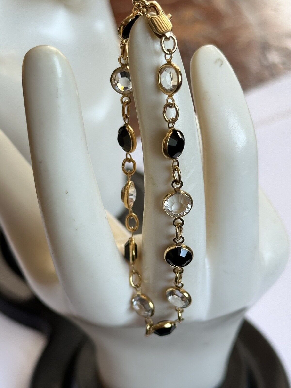 Vintage Gold Tone Bezel Set Black Clear Crystal Bracelet