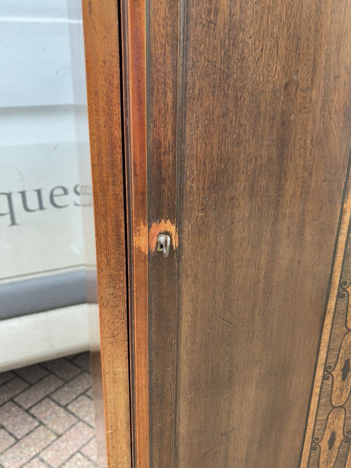 1920's Inlaid Mahogany Slim Storage Cupboards, Adjustable Shelves, Drawer, Key