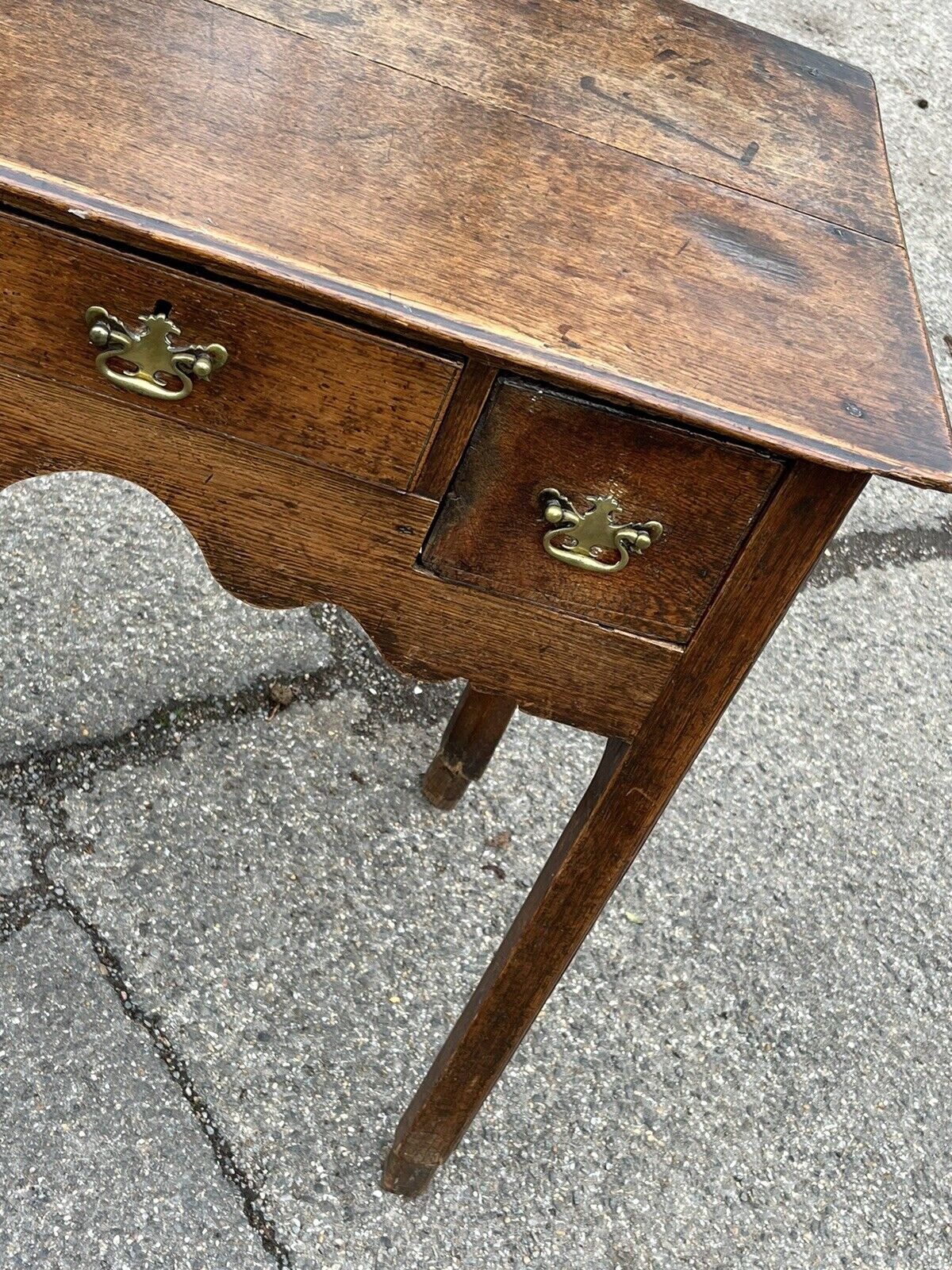 Early Georgian Oak Lowboy With Brass Handles. Make Great Hall Or Console Table