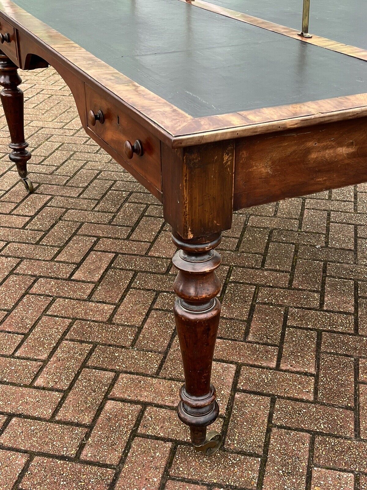 Victorian Mahogany Library Partners Desk. Original Brass Privacy Rail, 4 Drawers