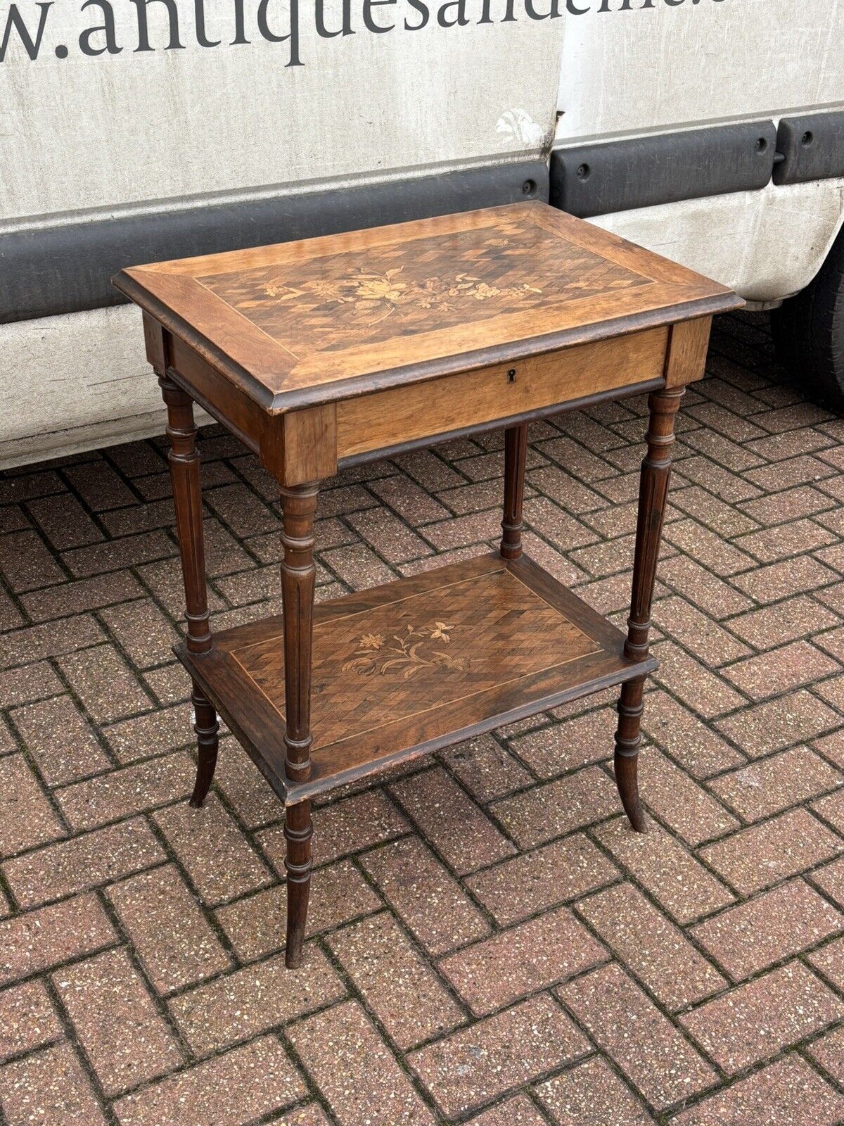 Antique Marquetry Dressing Cabinet With Silver Grooming Set, English Hallmarks