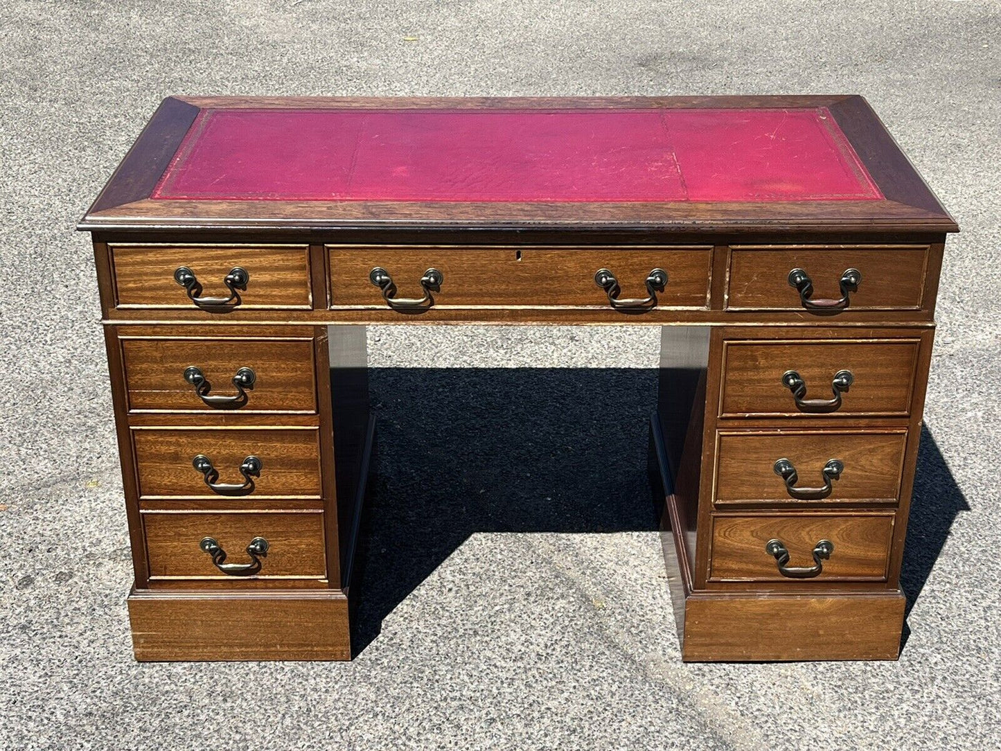 Pedestal Desk With Red Leather Top. Splits In 3 Pieces For Easier Transportation