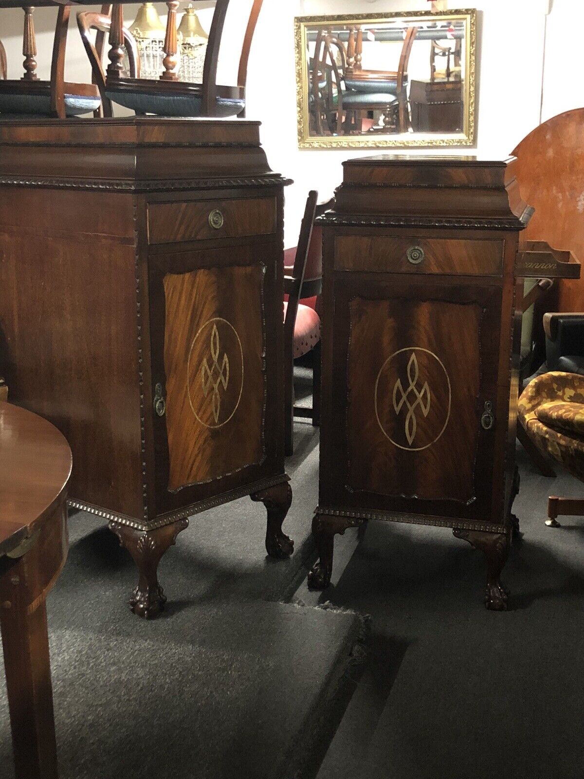 Antique Mahogany Pair Of Wine Celleratte Cabinets With Scottish Crest