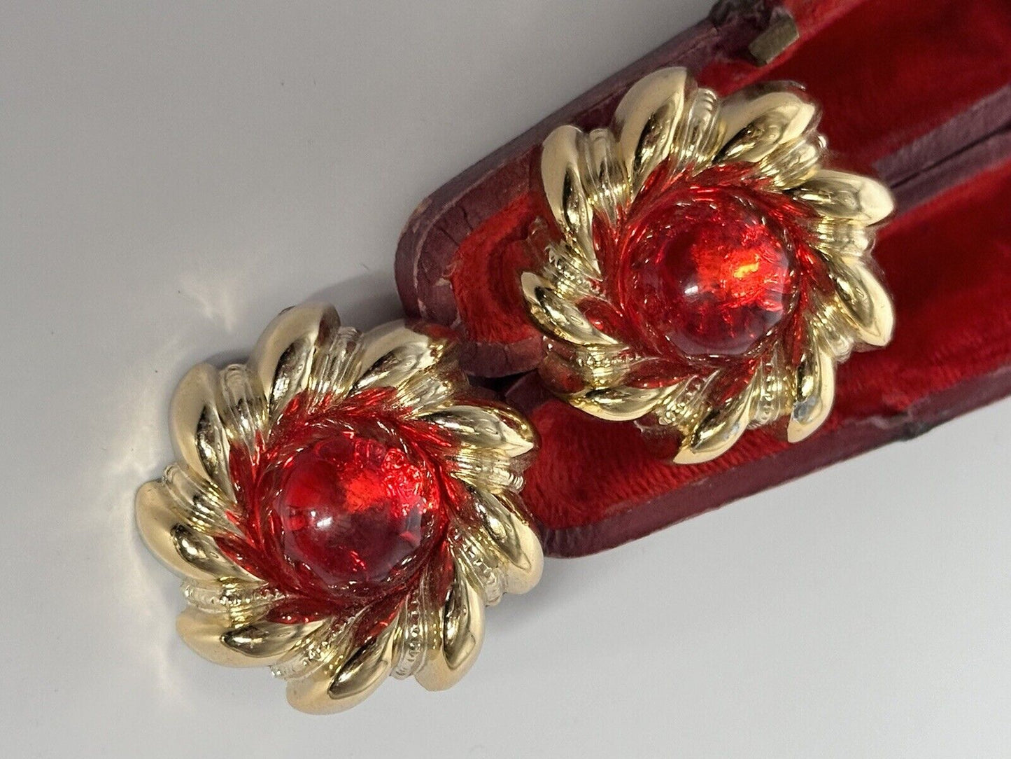 Vintage 1980s Gold Red Acrylic Clip On Earrings